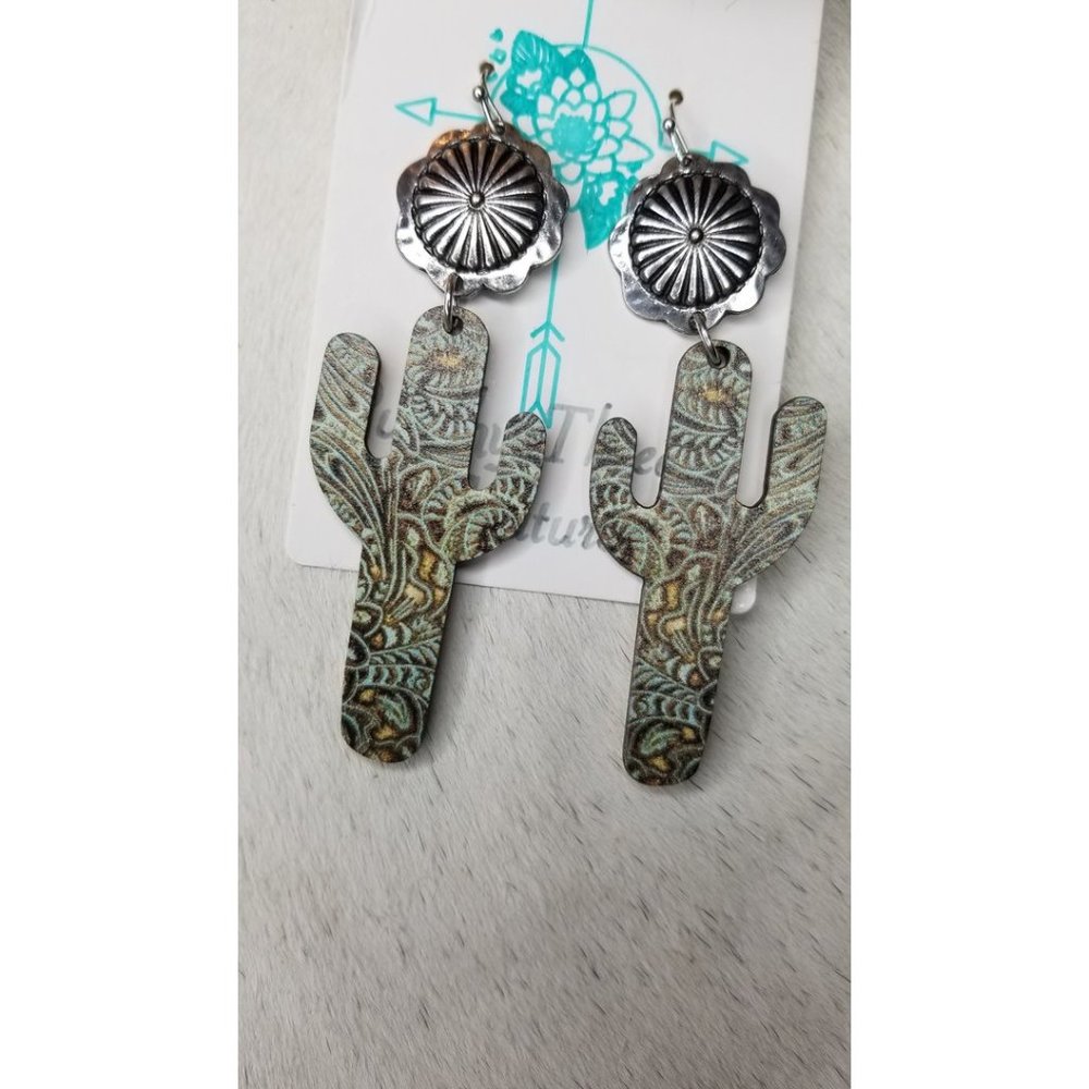 Concho and Botanical Breeze Wood Cactus Earrings